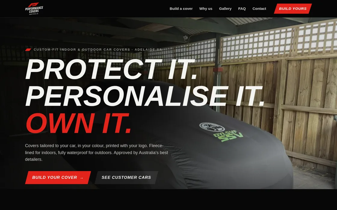 Performance Covers Australia homepage: a car under a fitted cover behind the headline Protect it. Personalise it. Own it.